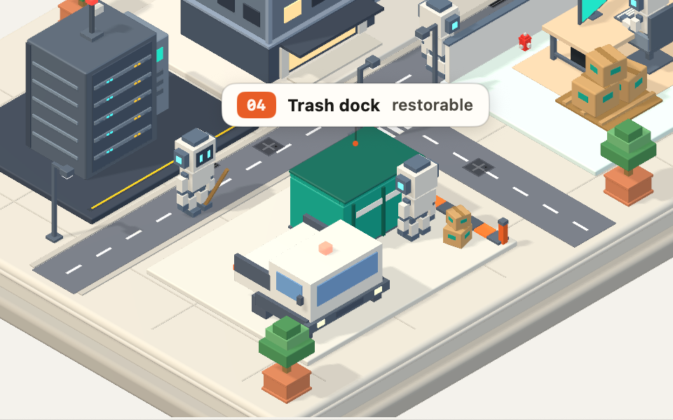 Close-up of Storage City: a bot with a broom on the road, another loading crates at the teal Trash dock, and a delivery truck parked beside it.